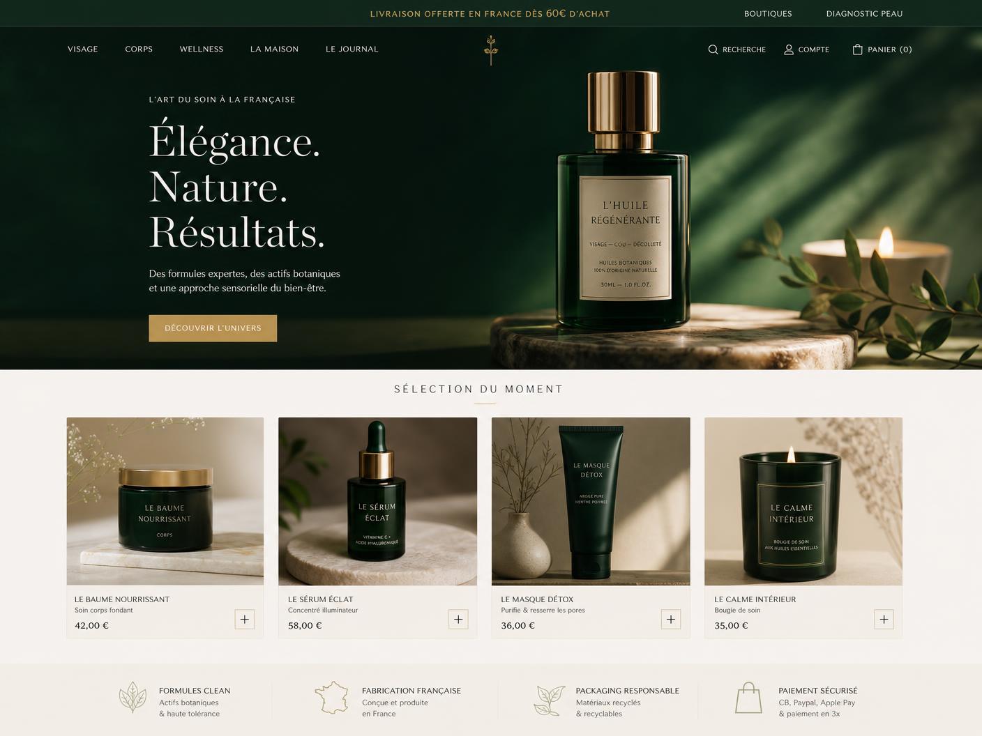 Concept de boutique en ligne premium pour une marque française de soins